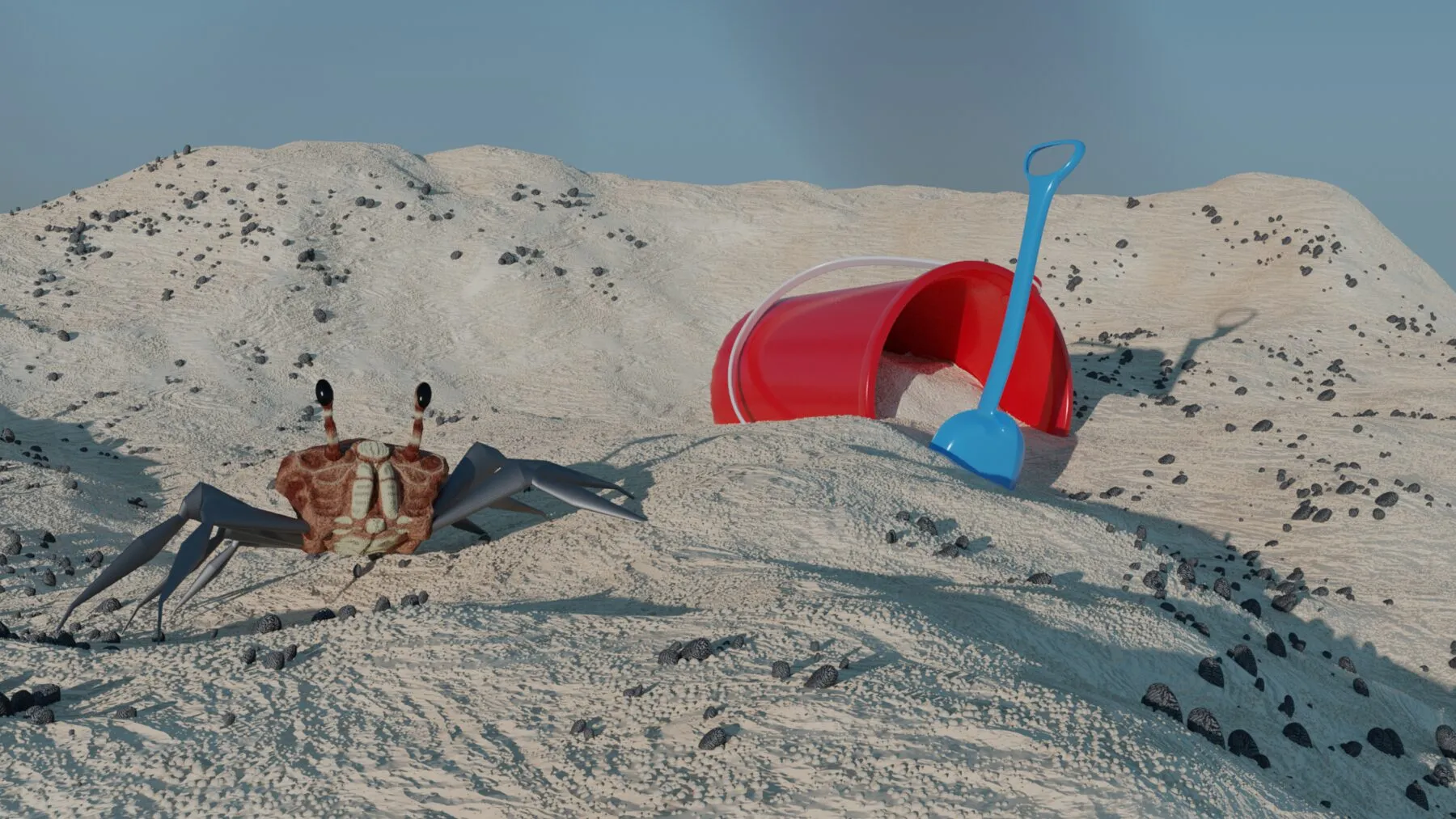 A crab on sand by a red bucket