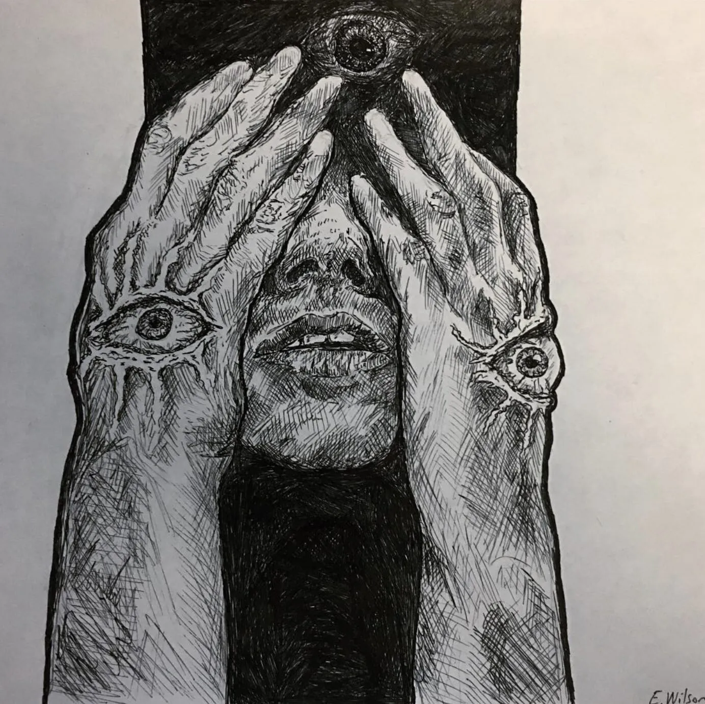 Hands with eyes covering a face