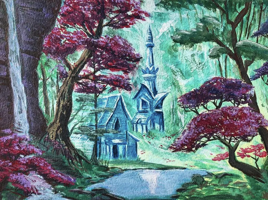 A blue castle among pink trees