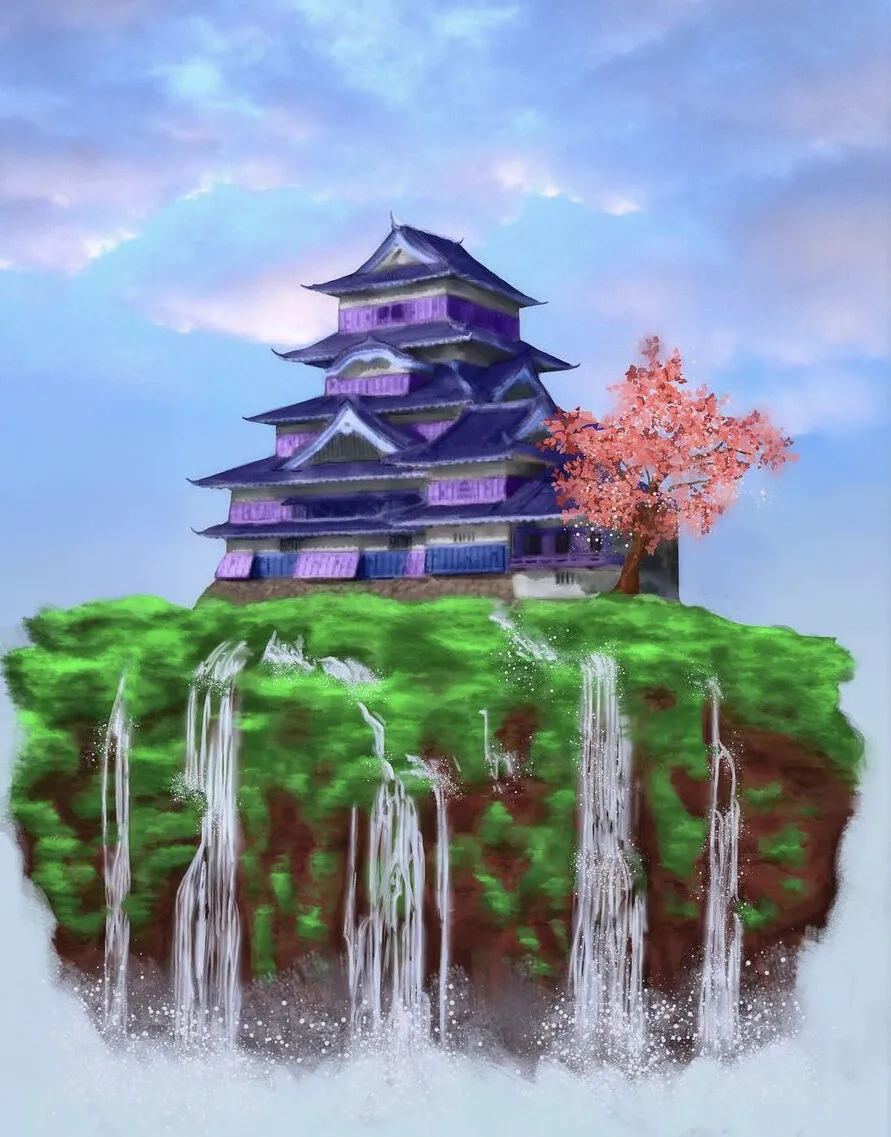 A pagoda on a floating island with waterfalls