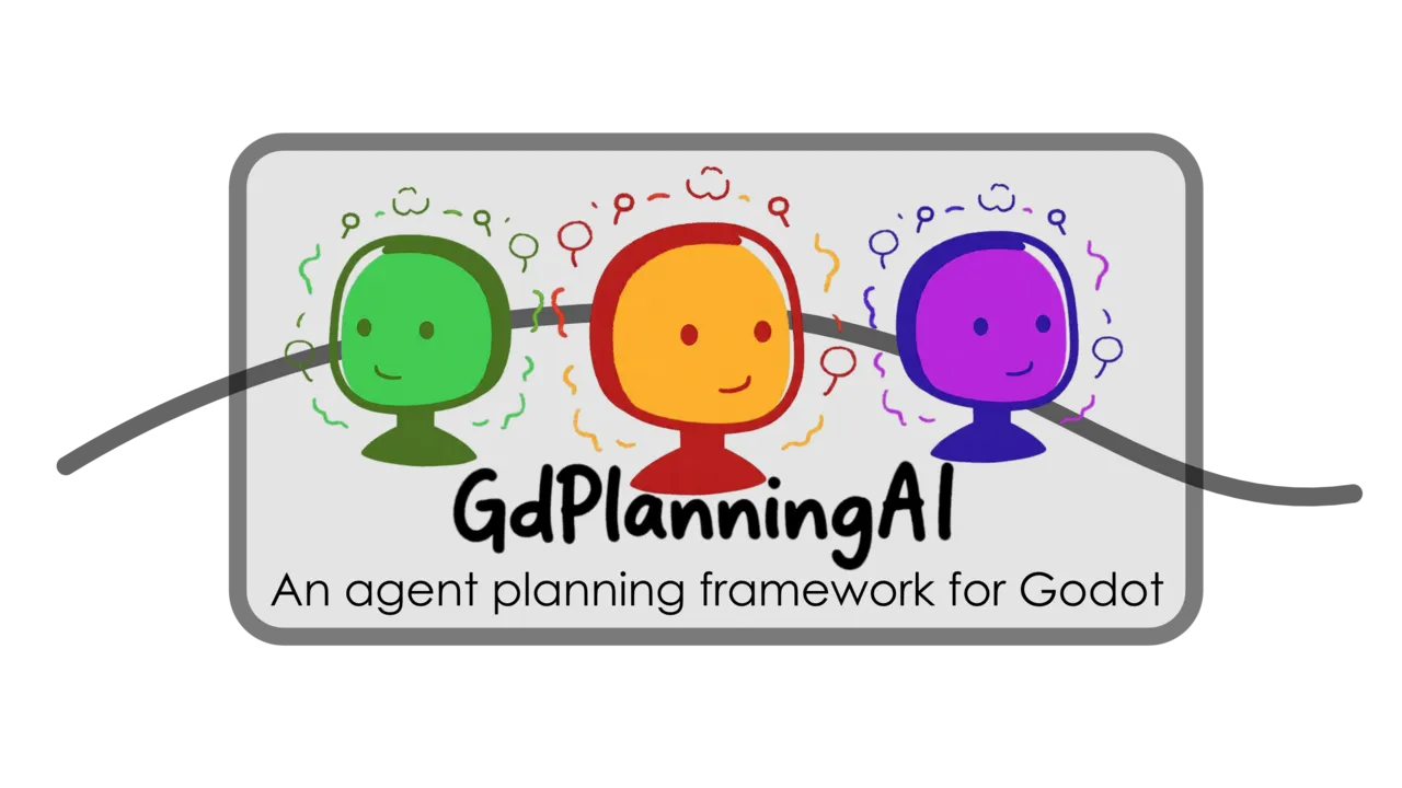 Three hand-drawn agent heads in green, orange and purple above the words GdPlanningAI, an agent planning framework for Godot