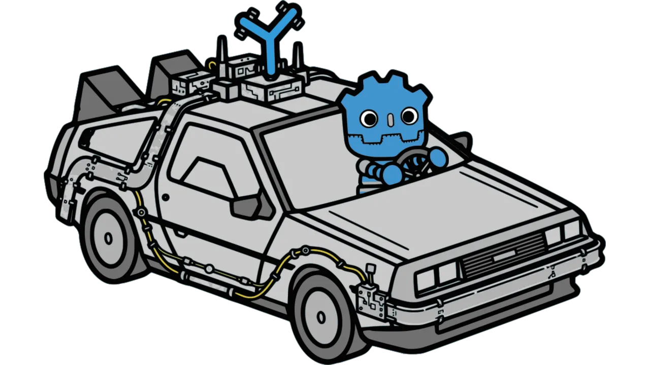Godot's robot mascot driving a DeLorean time machine, drawn in thick outlines