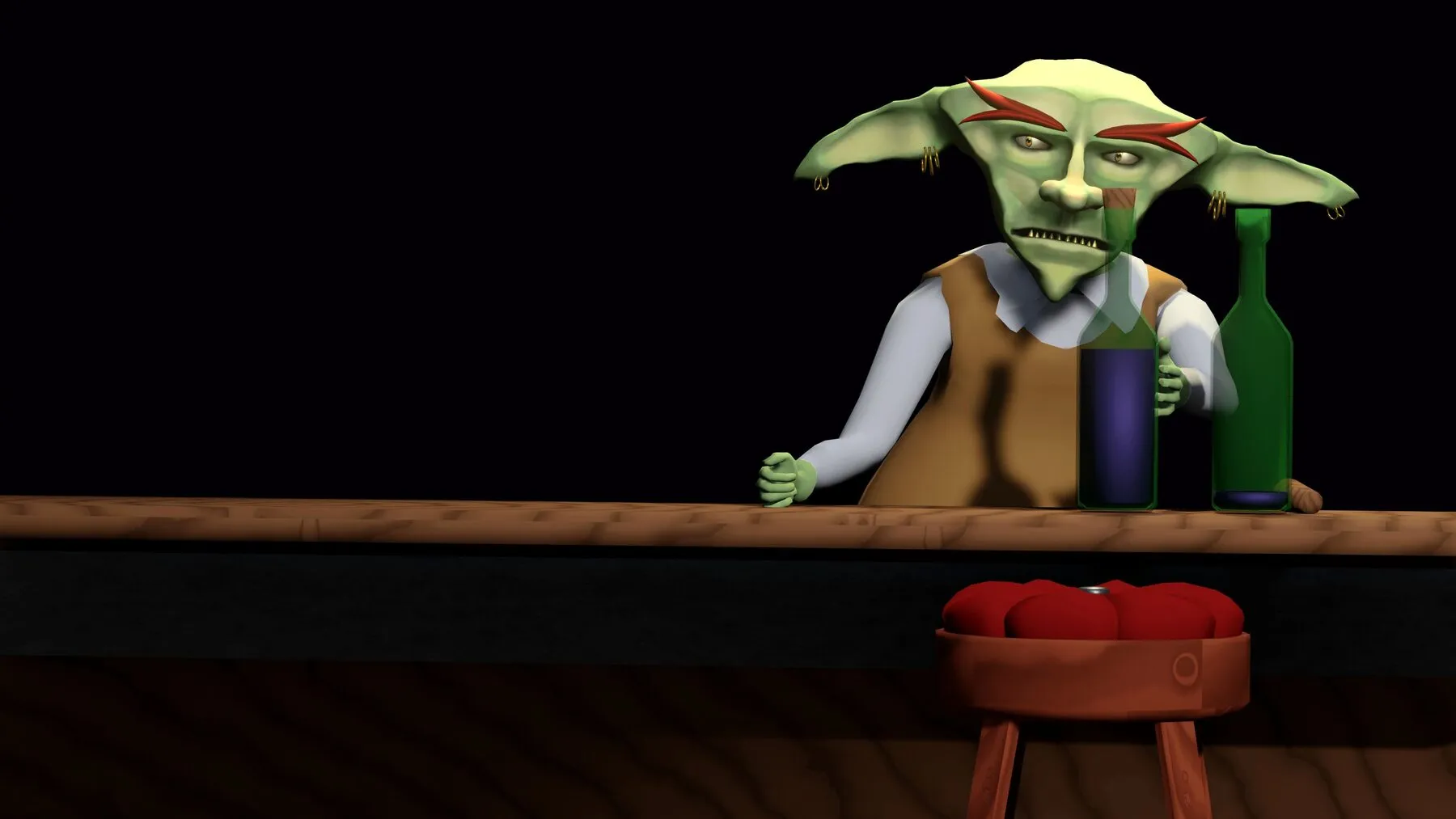 A goblin behind a bar with bottles