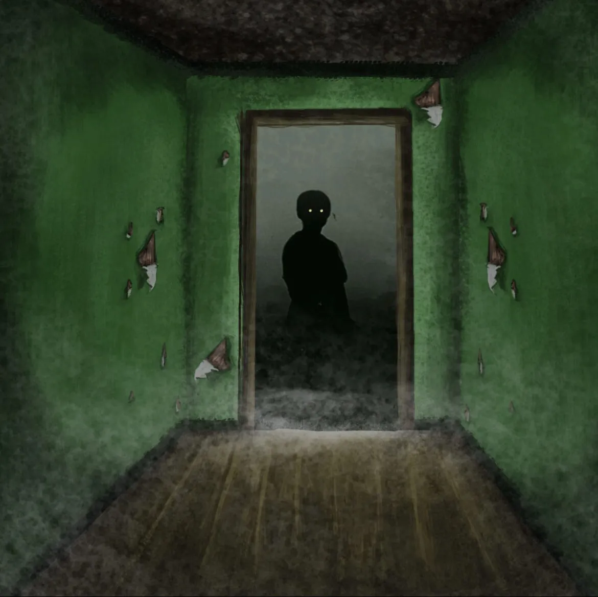 A dark figure in a doorway at the end of a hallway
