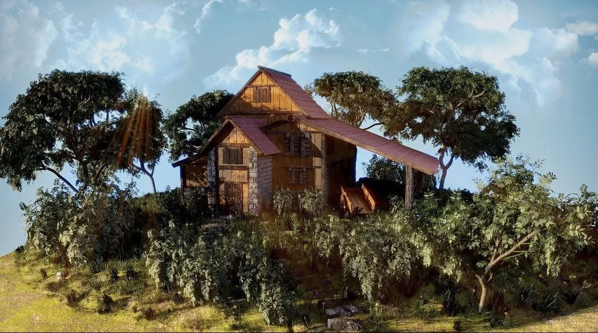A wooden cabin among trees
