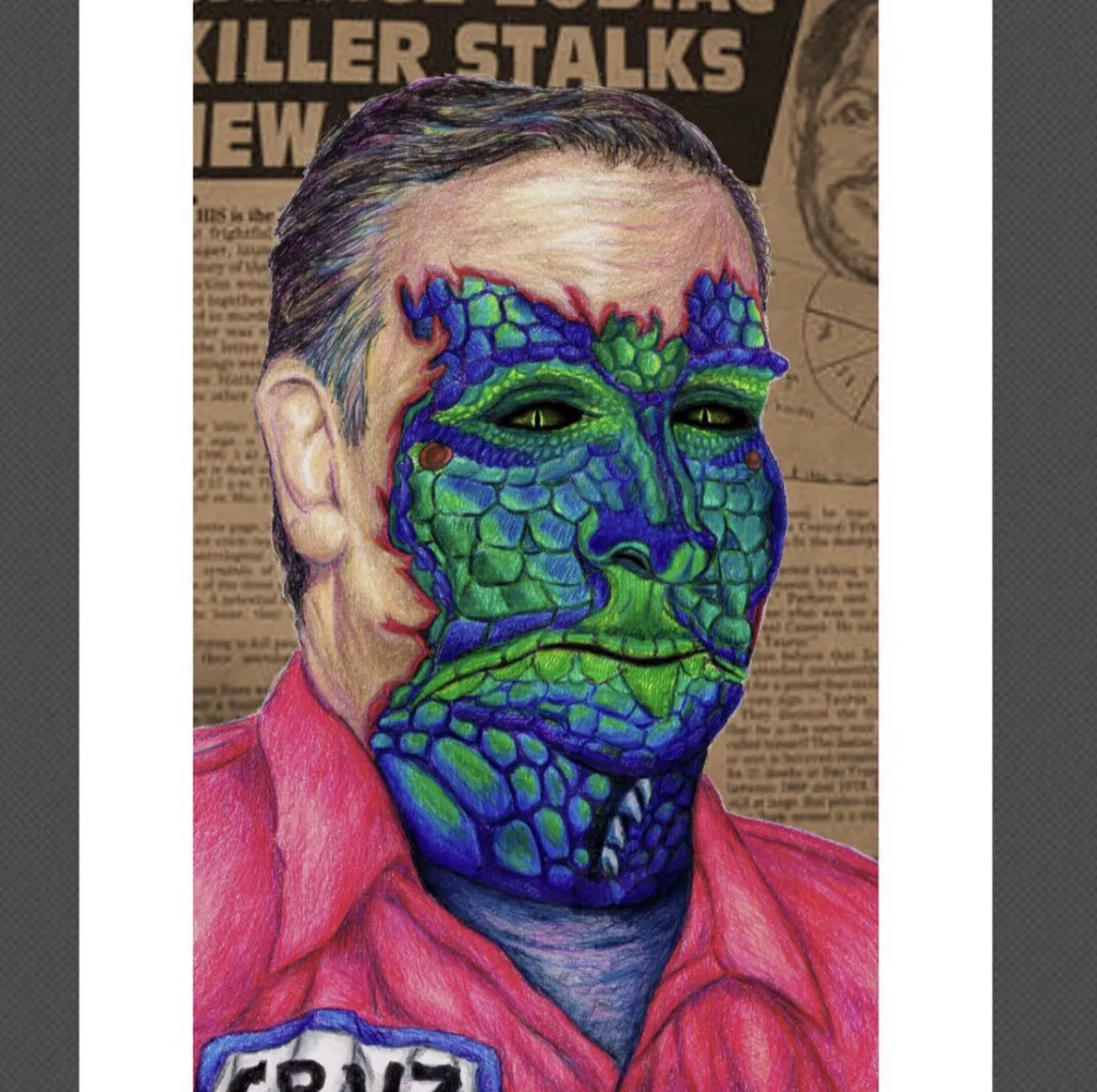 A man with a lizard face over newspapers