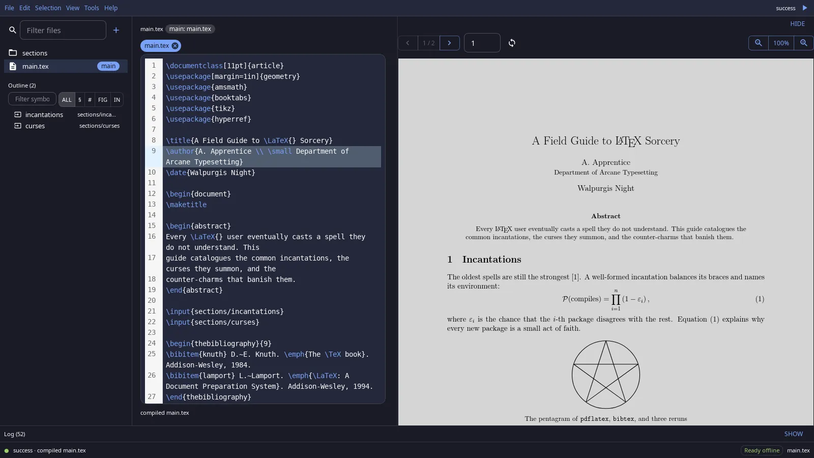 Maleficium with a LaTeX project open, showing the file tree, the editor and the compiled PDF side by side
