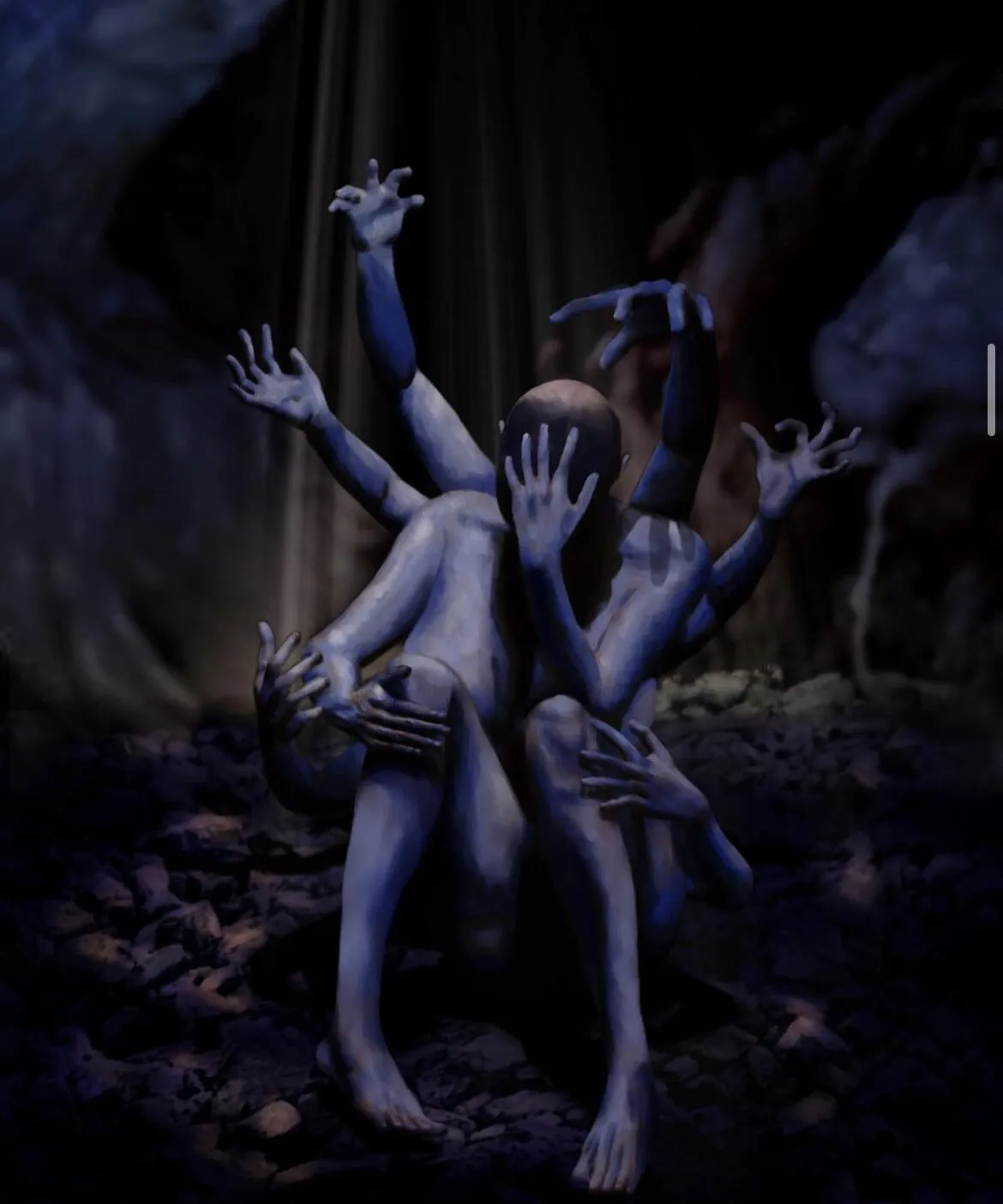 Tangled pale figures with raised arms
