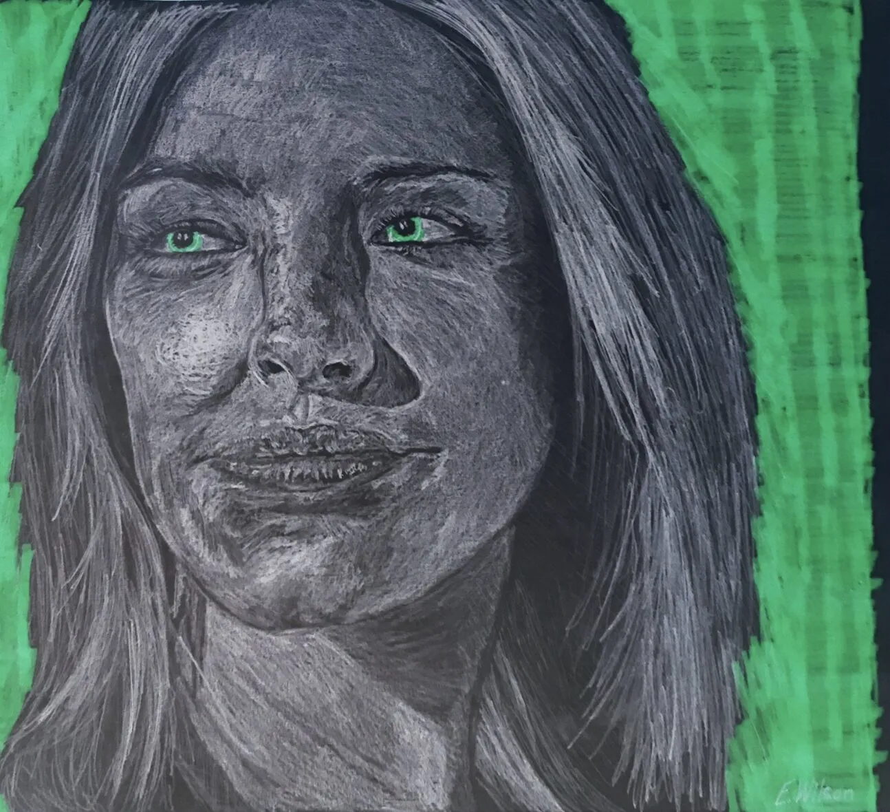 A negative-style portrait on green