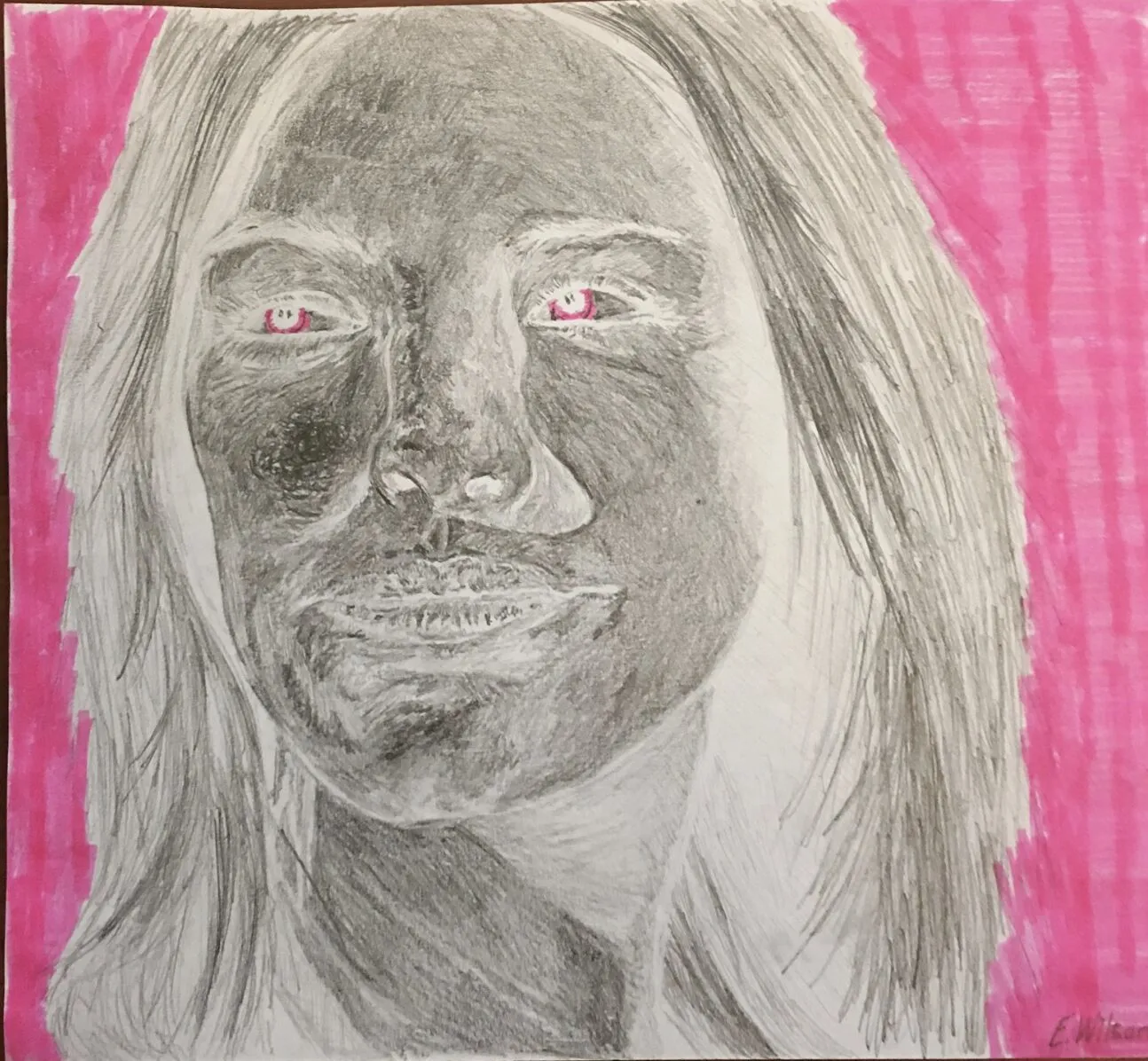 A negative-style portrait on pink