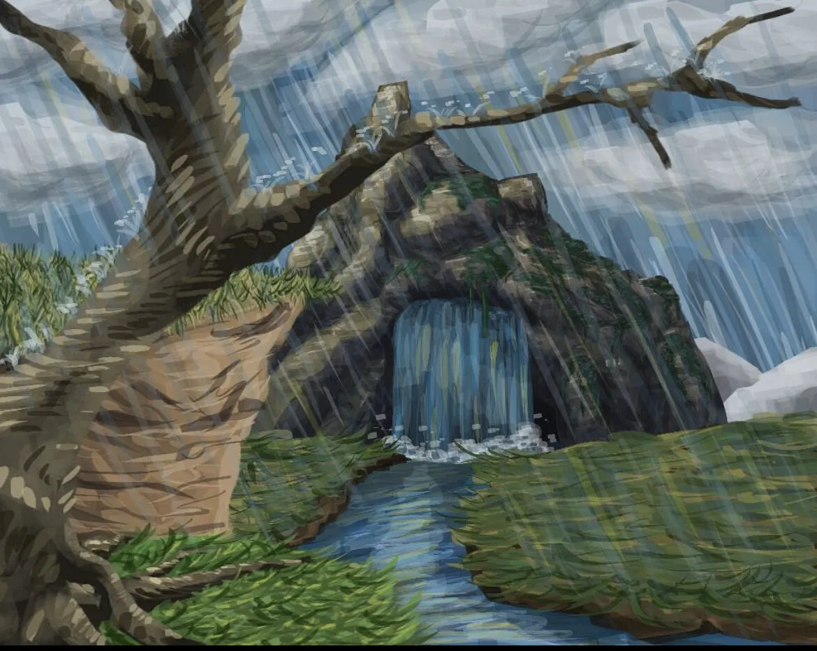 A waterfall beneath a bare tree in rain