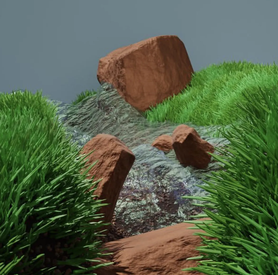 Red boulders on a grassy slope
