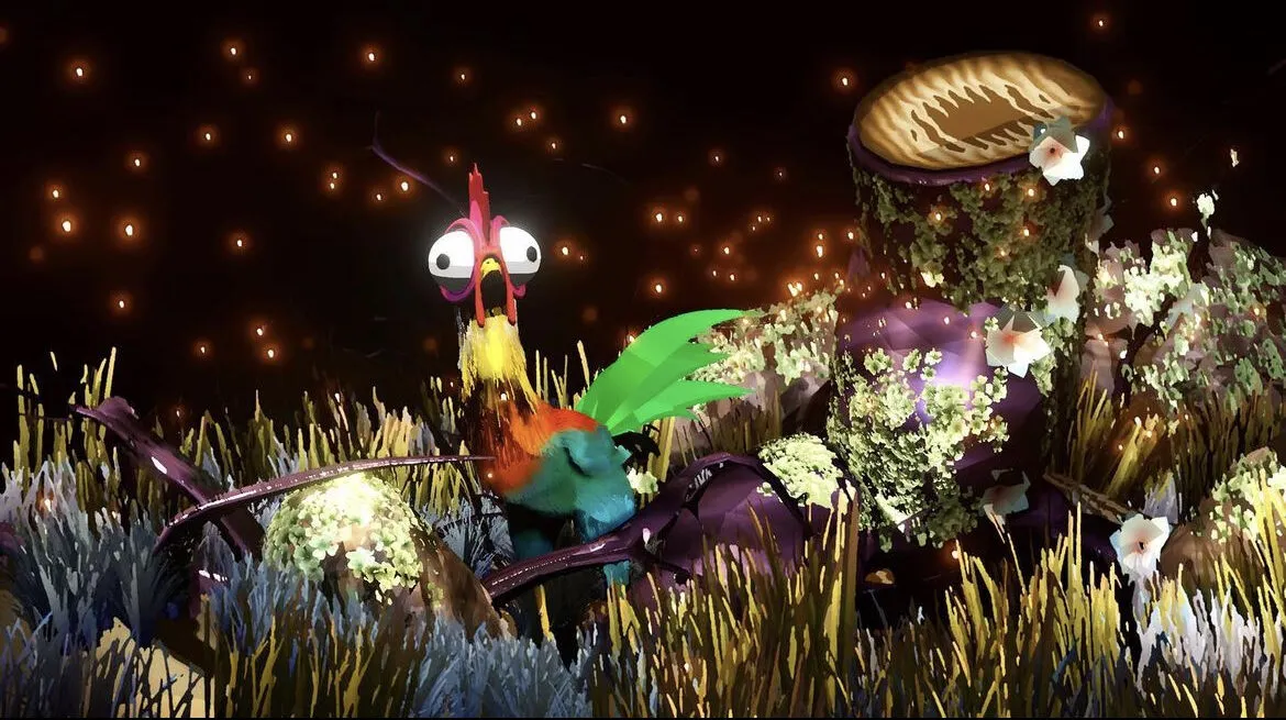 A rooster among flowers at night