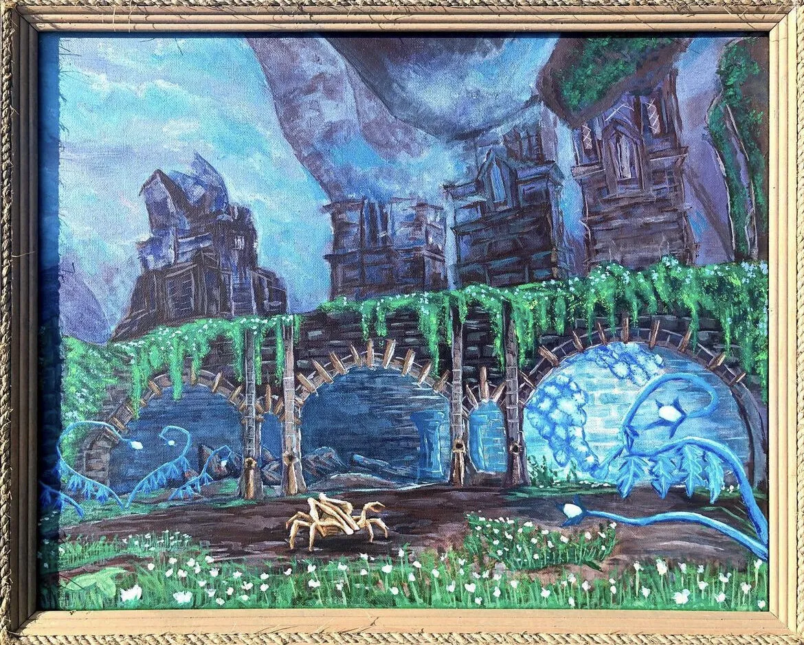 A ruined city with glowing blue creatures