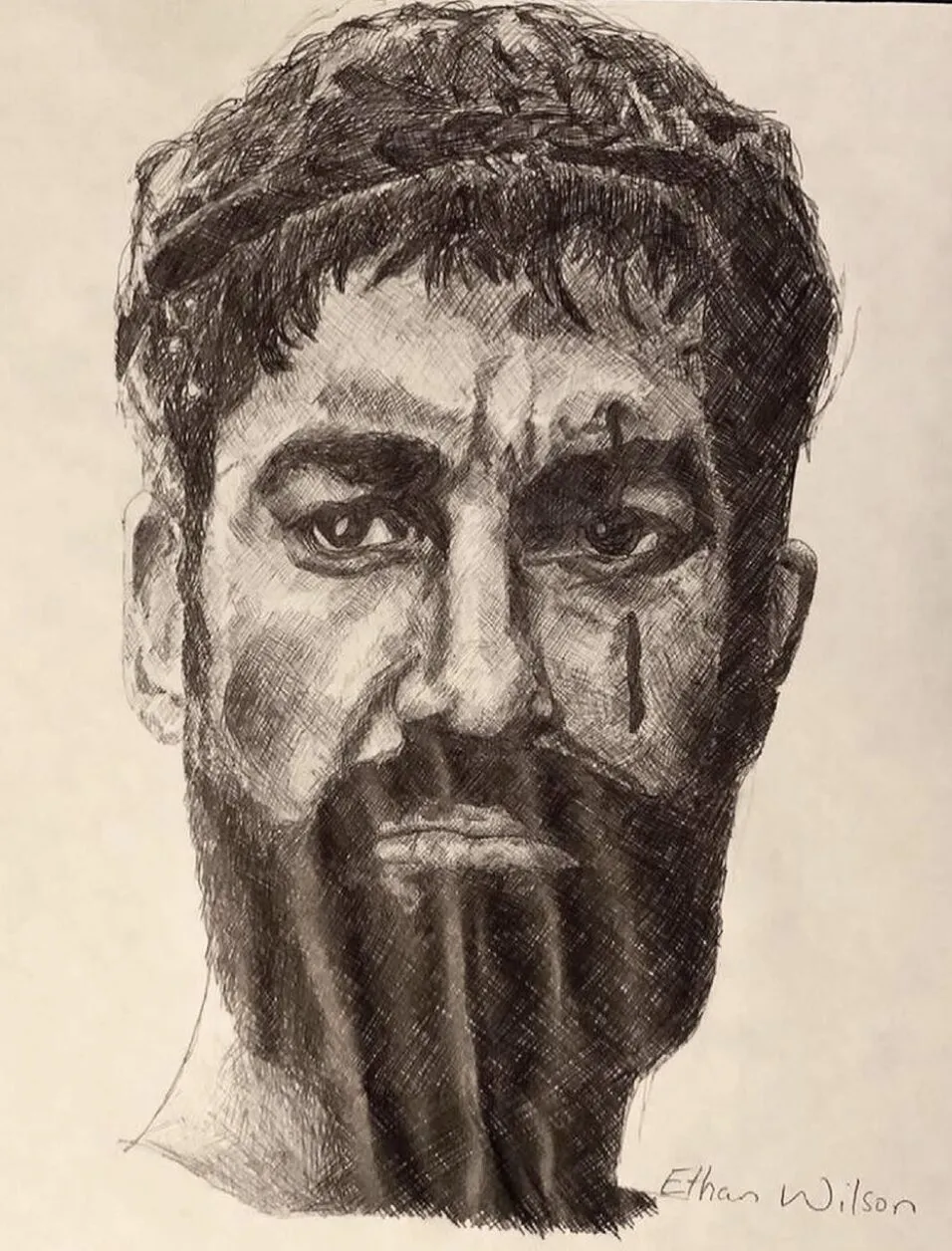 A bearded man in crosshatched pen