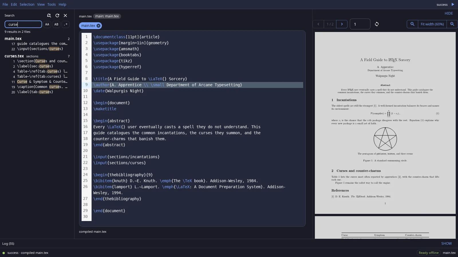 Project-wide search in the dark theme, with matches grouped by file