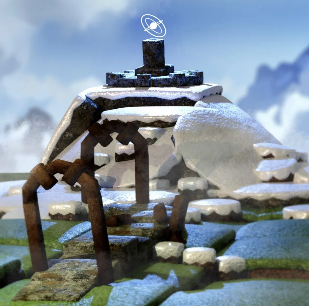 A stone shrine in the snow