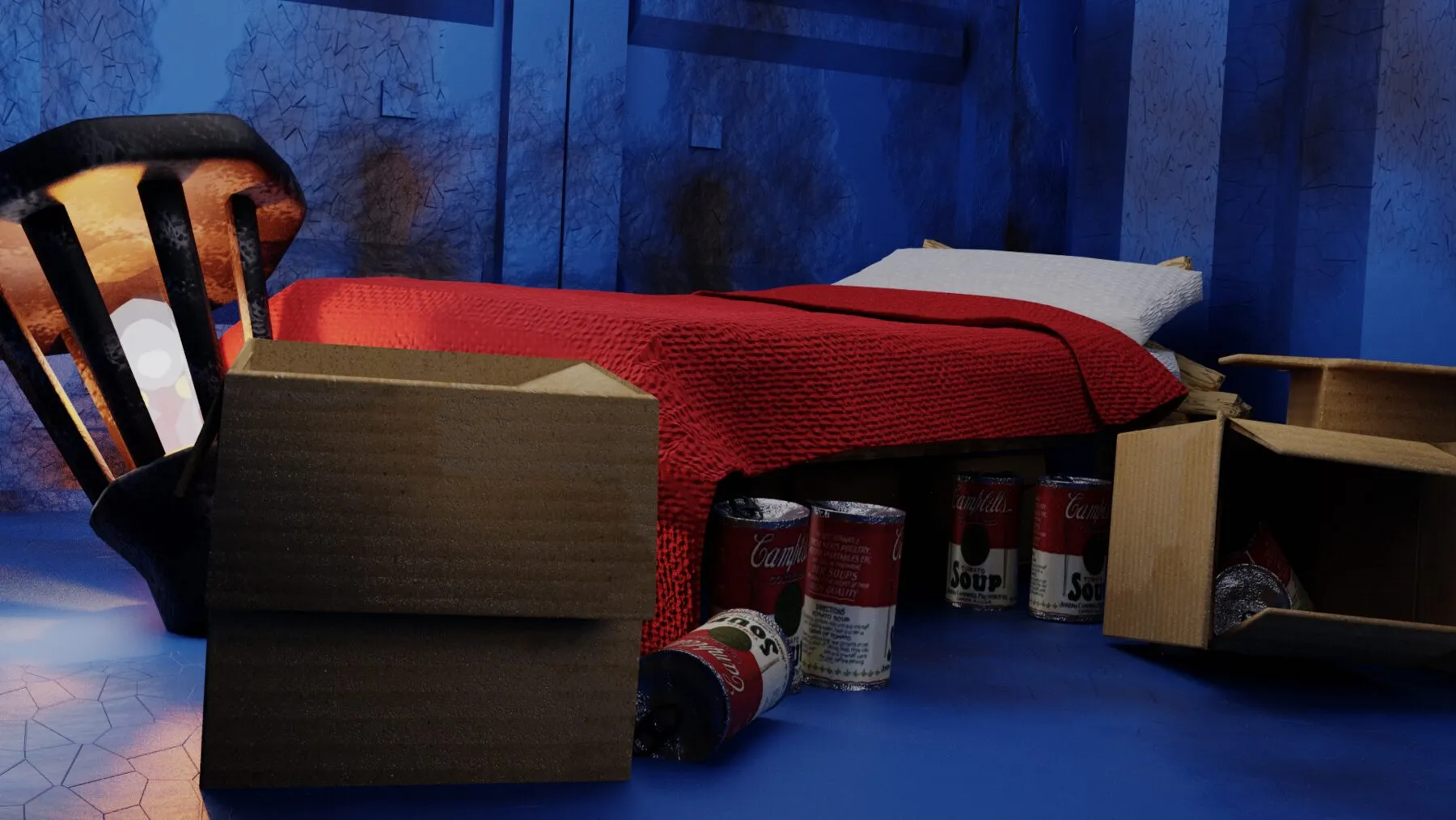 A bed and boxes inside the shack
