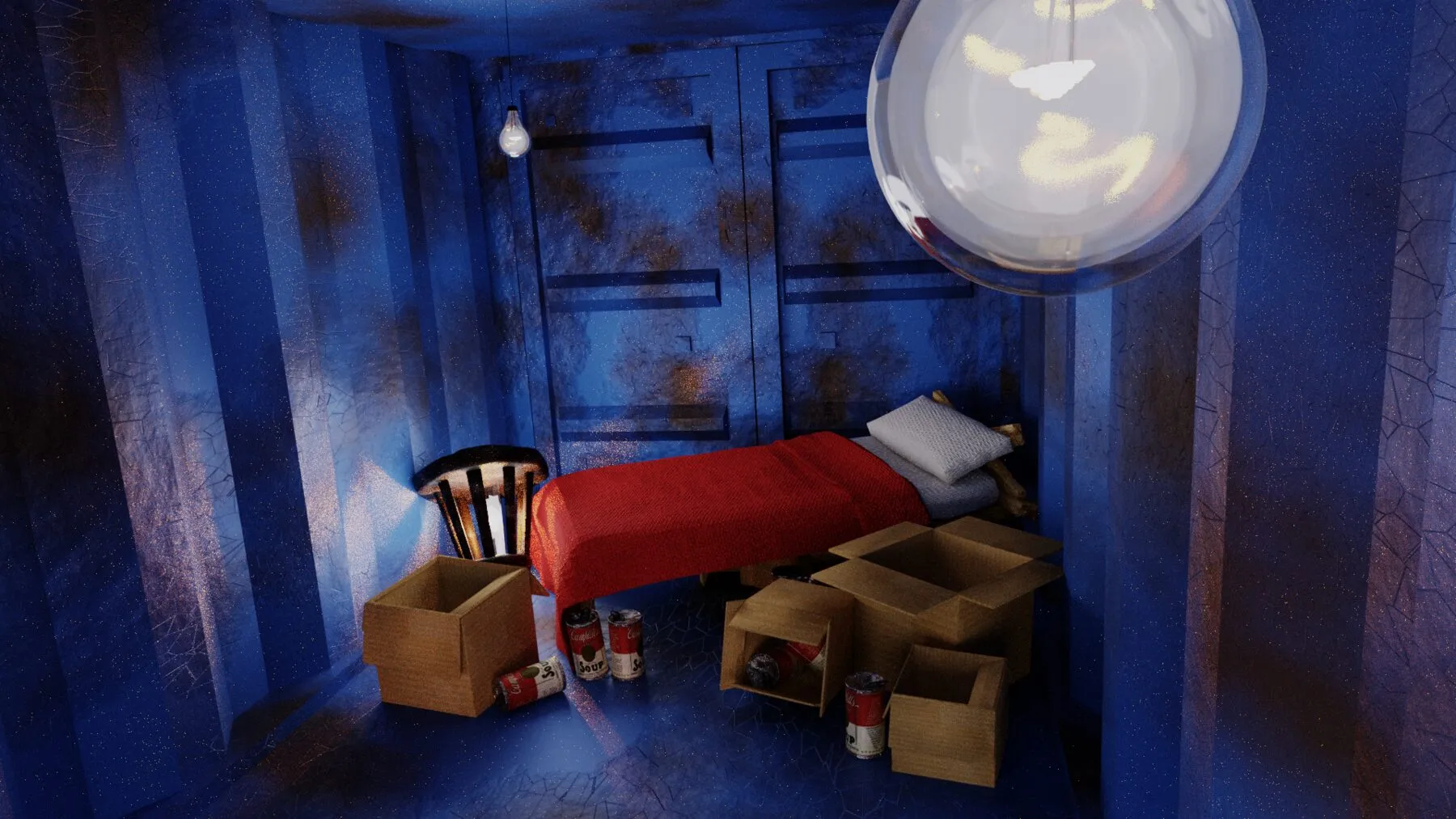 Crates and a lamp inside the shack