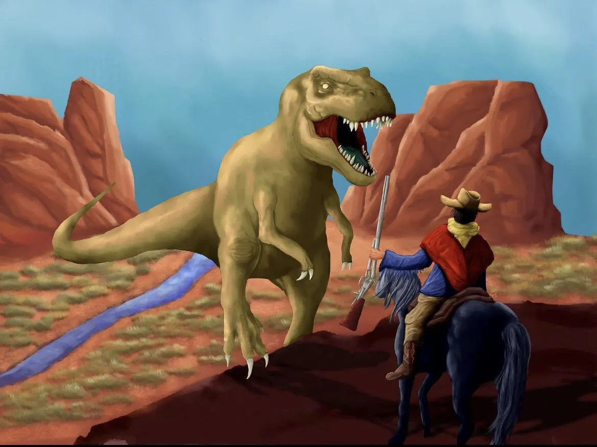 A rider and a Tyrannosaurus in a red canyon