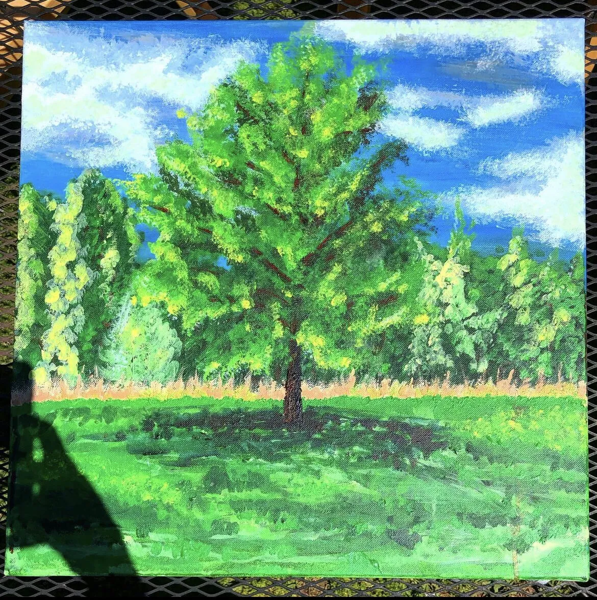 A painting of a green tree in a field