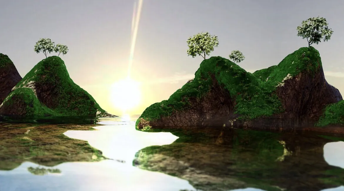 Two green islands and the setting sun