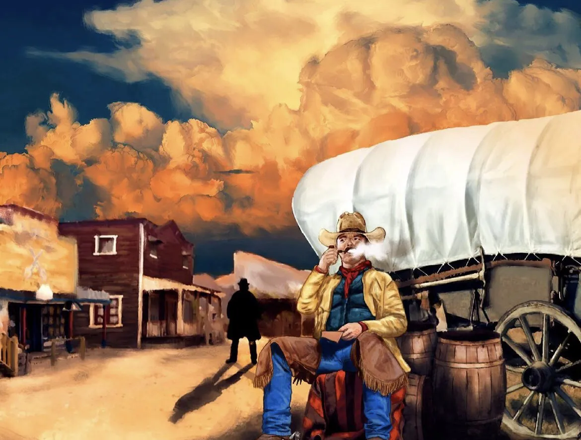 A cowboy beside a covered wagon in a western town